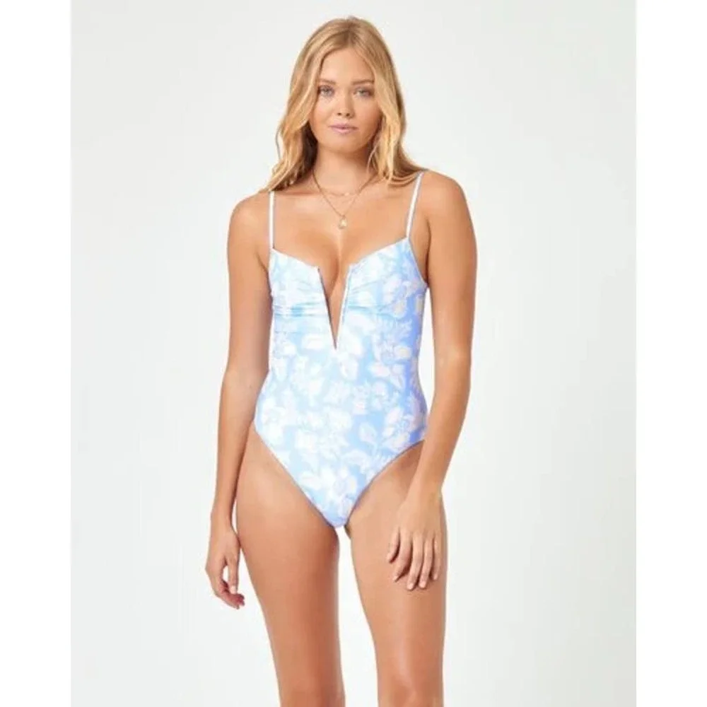 L*Space Roxanne Floral V Wire One Piece Swimsuit Blue White Size S NWT